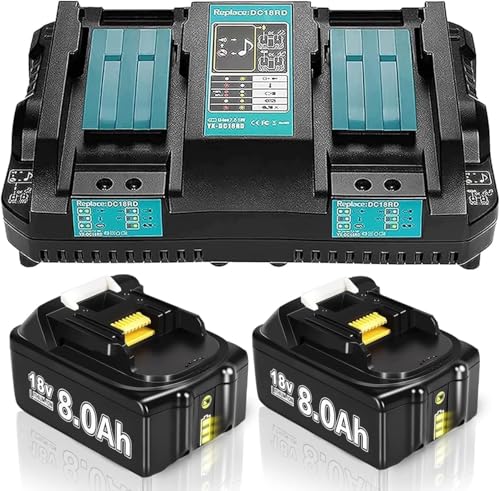 2 Stück Hohe Kapazität 18V 8.0Ah/8000mAh Ersatzakku für Makita Akku 18V+ Dual Port 6A Ladegerät für DC18RD Kompatibel für BL1860B BL1860 BL1850B BL1840B BL1830 194205-3 LXT-400 with LED Werkzeugakku